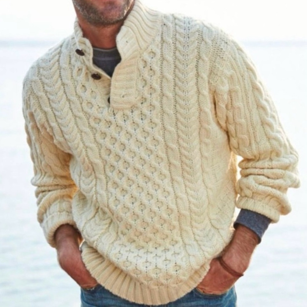 L.L.Bean Men's XL Heritage Sweater, Irish Fisherman's Button-Mock